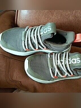 Adidas Kids Army Green Sneakers with  Neon Orange Pull Tab